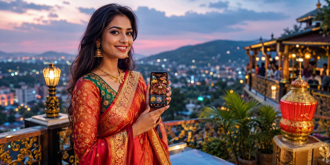 A woman in a saree playing mobile casino in Sylhet